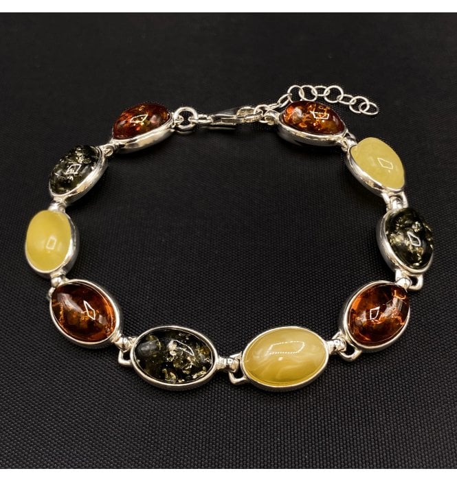 Silver Baltic Amber 10 Stone Oval Bracelet (SKU Amber-157)