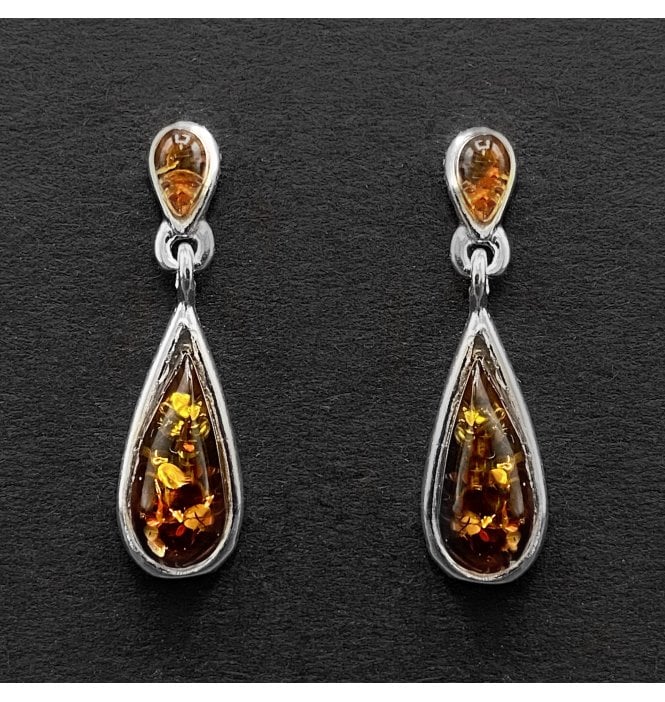 Silver Baltic Amber 2 Stone Drop Earrings (SKU Amber-192)