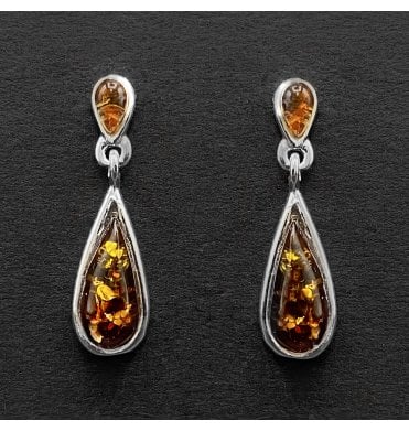 Silver Baltic Amber 2 Stone Drop Earrings (SKU Amber-192)