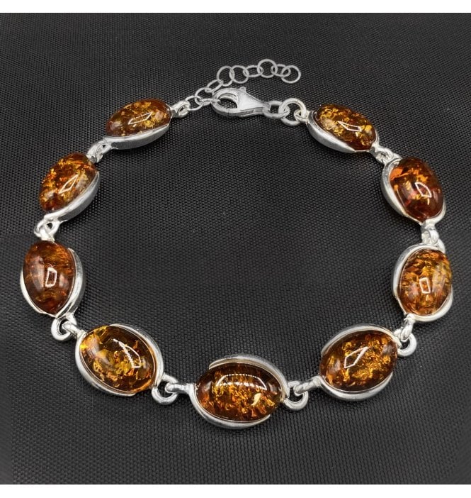 Silver Baltic Amber 9 Stone Oval Bracelet (SKU Amber-156)