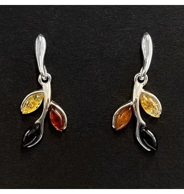 Silver Baltic Amber and Whitby Jet Leaf Drop Earrings (SKU Amber-155)
