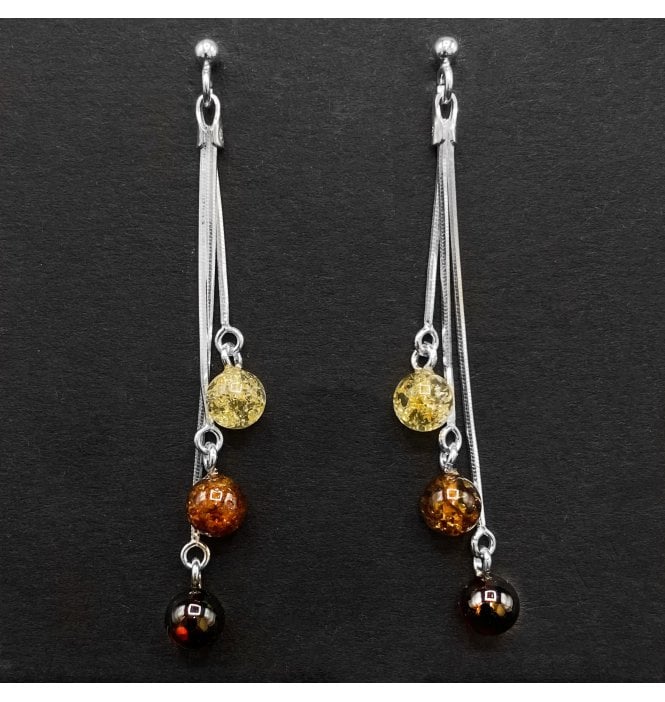 Silver Baltic Amber Bead Drop Earrings (SKU Amber-171)
