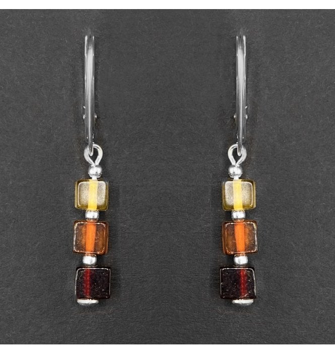 Silver Baltic Amber Cube Drop Earrings (SKU Amber-188)