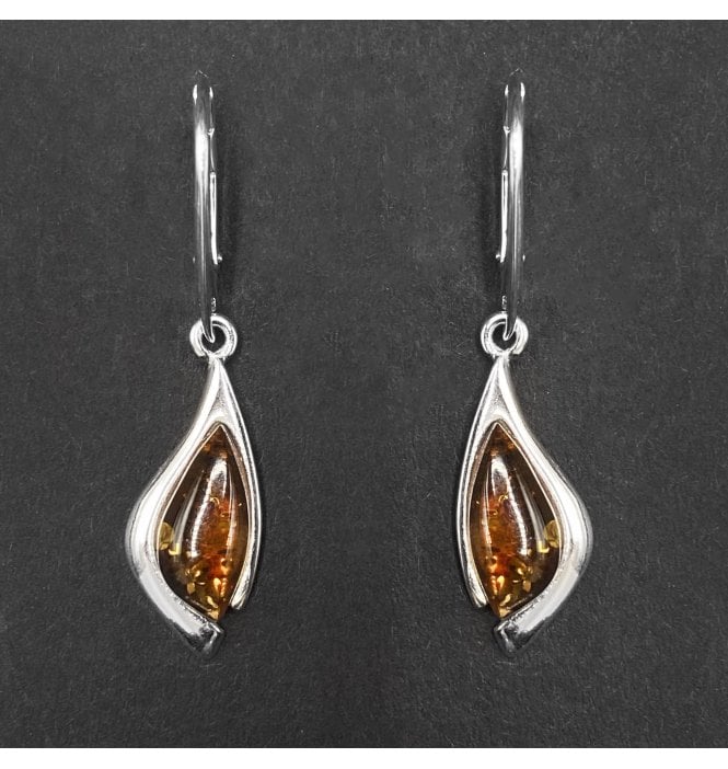Silver Baltic Amber Curved Drop Earrings (SKU Amber-173)