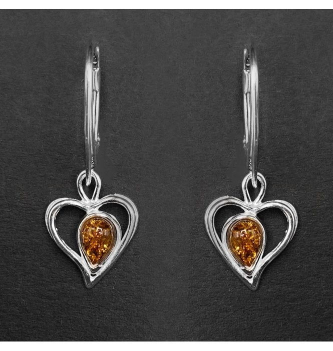 Silver Baltic Amber Heart Drop Earrings (SKU Amber-189)