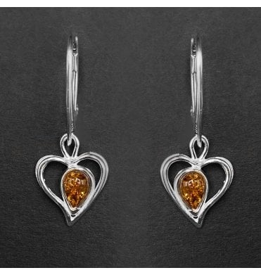 Silver Baltic Amber Heart Drop Earrings (SKU Amber-189)