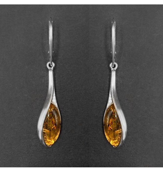 Silver Baltic Amber Long Drop Earrings (SKU Amber-191)