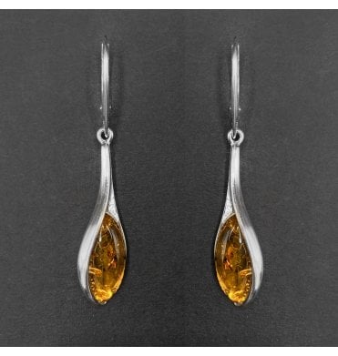Silver Baltic Amber Long Drop Earrings (SKU Amber-191)