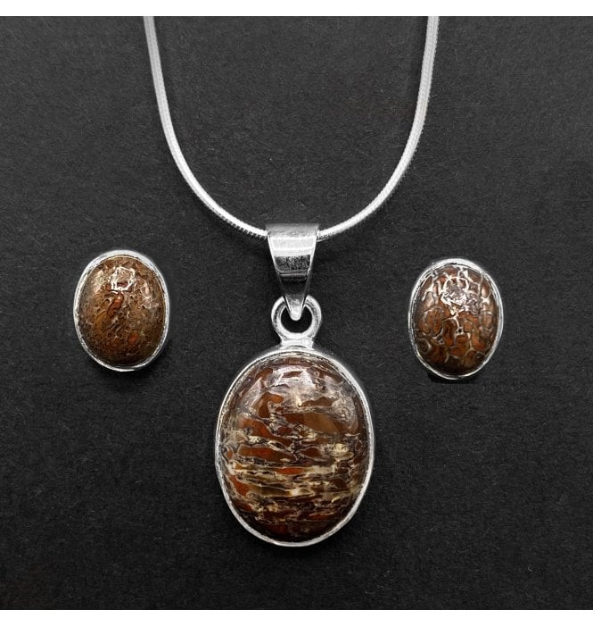 Silver Dinosaur Bone Pendant and Earring Set (SKU FOSSJ-073)