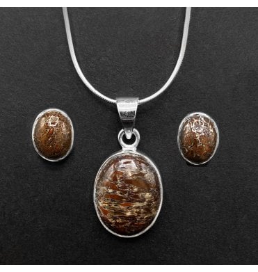 Silver Dinosaur Bone Pendant and Earring Set (SKU FOSSJ-073)