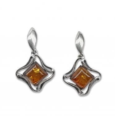 Sterling Silver Baltic Amber Curved Square Drop Earrings (SKU Amber-224)