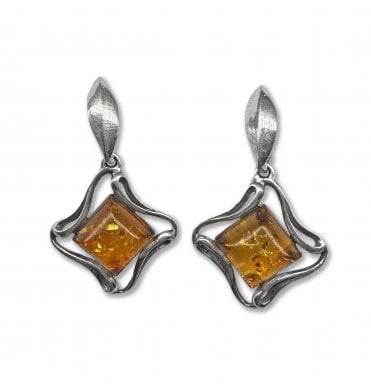 Sterling Silver Baltic Amber Curved Square Drop Earrings (SKU Amber-225)