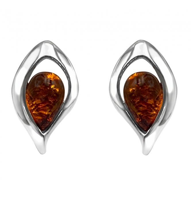 Sterling Silver Baltic Amber Flame Shaped Stud Earrings (SKU Amber-127)