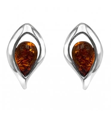 Sterling Silver Baltic Amber Flame Shaped Stud Earrings (SKU Amber-127)
