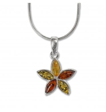 Sterling Silver Baltic Amber Flower Pendant Necklace (SKU Amber-231)