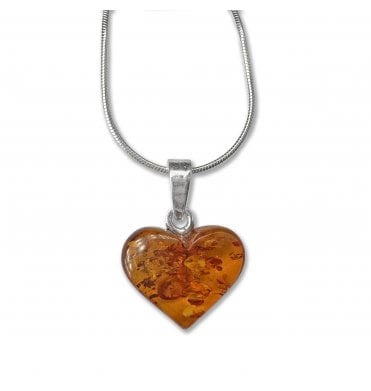 Sterling Silver Baltic Amber Heart Pendant Necklace (SKU Amber-226)