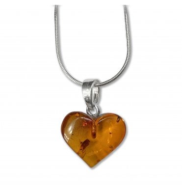 Sterling Silver Baltic Amber Heart Pendant Necklace (SKU Amber-228)