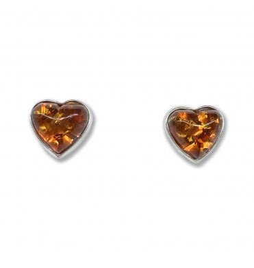 Sterling Silver Baltic Amber Heart Stud Earrings (SKU Amber-221)
