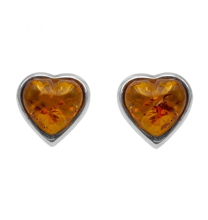 Sterling Silver Baltic Amber Large Heart Shaped Stud Earrings (SKU Amber-130)