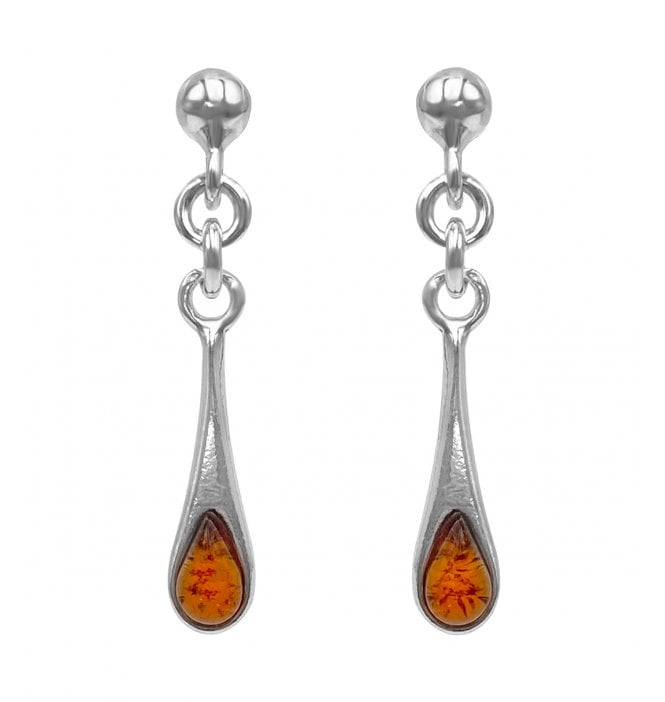 Sterling Silver Baltic Amber Long Pear Drop Earrings (SKU Amber-131)