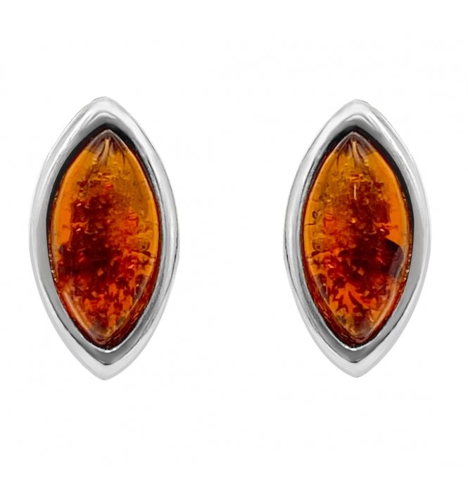 Sterling Silver Baltic Amber Marquise Shaped Stud Earrings (SKU Amber-125)
