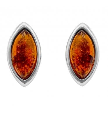 Sterling Silver Baltic Amber Marquise Shaped Stud Earrings (SKU Amber-125)