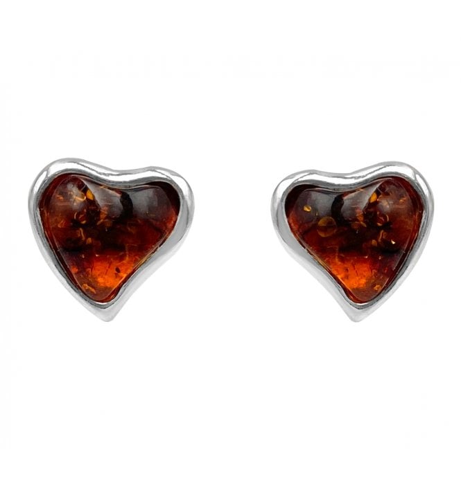 Sterling Silver Baltic Amber Medium Heart Shaped Stud Earrings (SKU Amber-132)