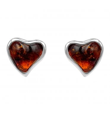 Sterling Silver Baltic Amber Medium Heart Shaped Stud Earrings (SKU Amber-132)