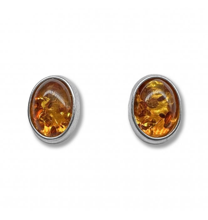 Sterling Silver Baltic Amber Oval Stud Earrings (SKU Amber-214)