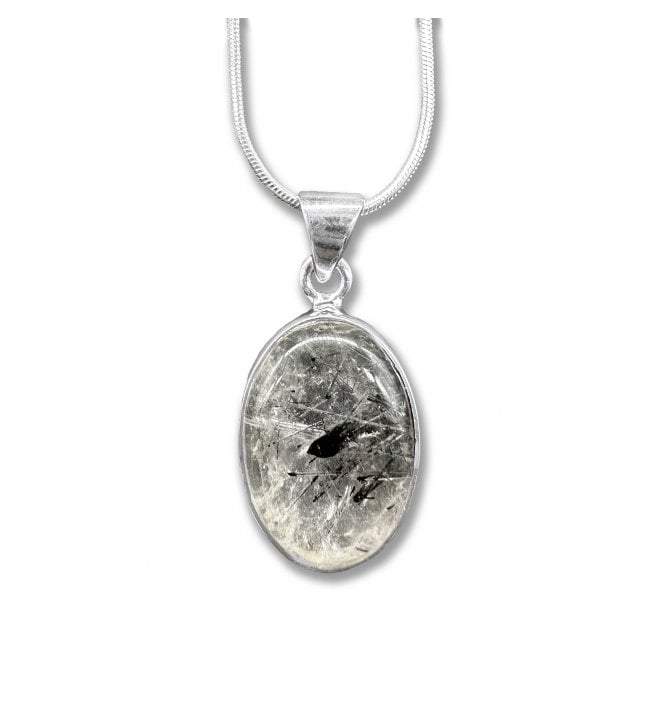 Sterling Silver Black Tourmaline in Quartz Pendant Necklace (SKU GEMS-076)