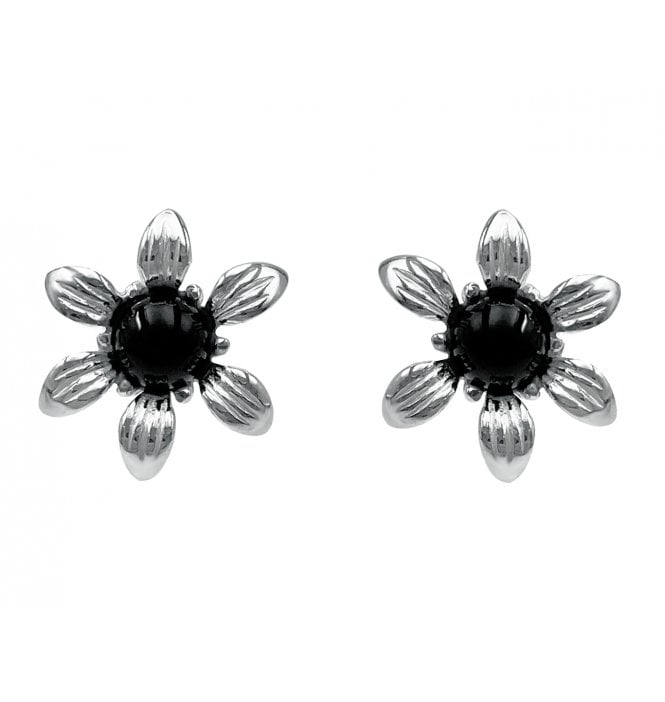 Sterling Silver Whitby Jet Flower Stud Earrings (SKU JET-041)