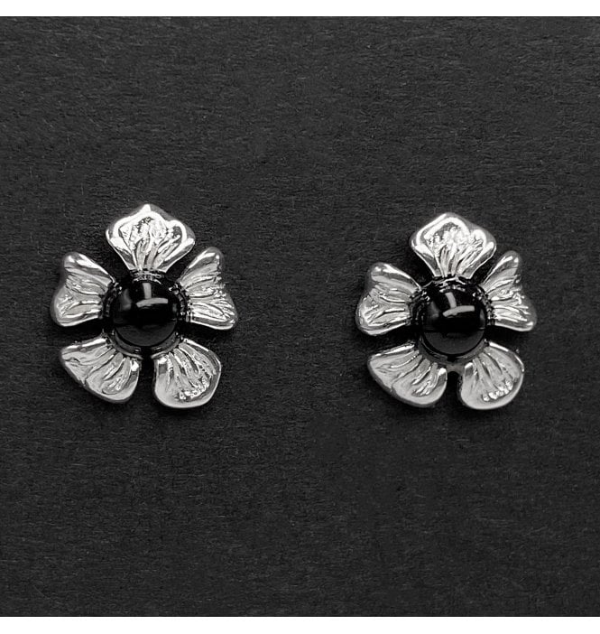 Sterling Silver Whitby Jet Flower Stud Earrings (SKU JET-064)