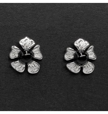 Sterling Silver Whitby Jet Flower Stud Earrings (SKU JET-064)