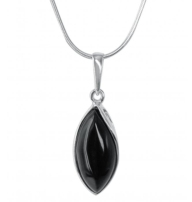 Sterling Silver Whitby Jet Marquise Shaped Pendant (SKU JET-044)