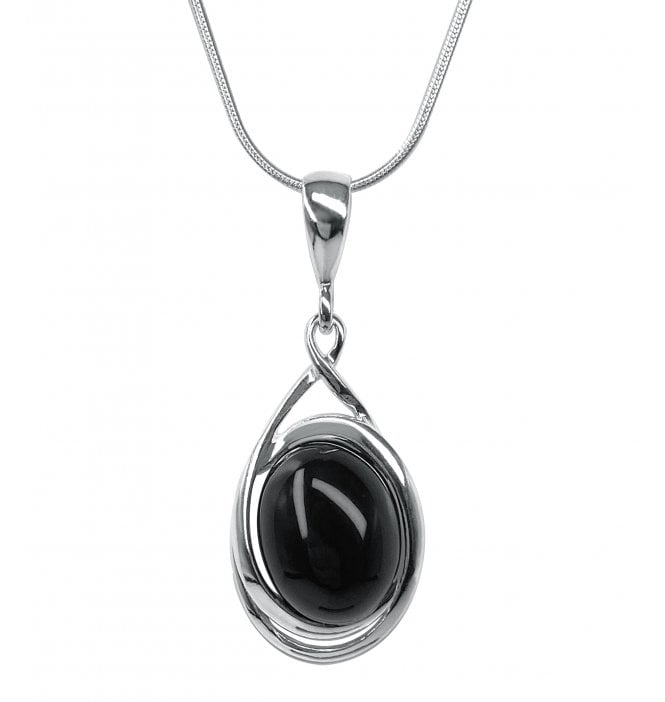 Sterling Silver Whitby Jet Oval Loop Frame Pendant (SKU JET-048)