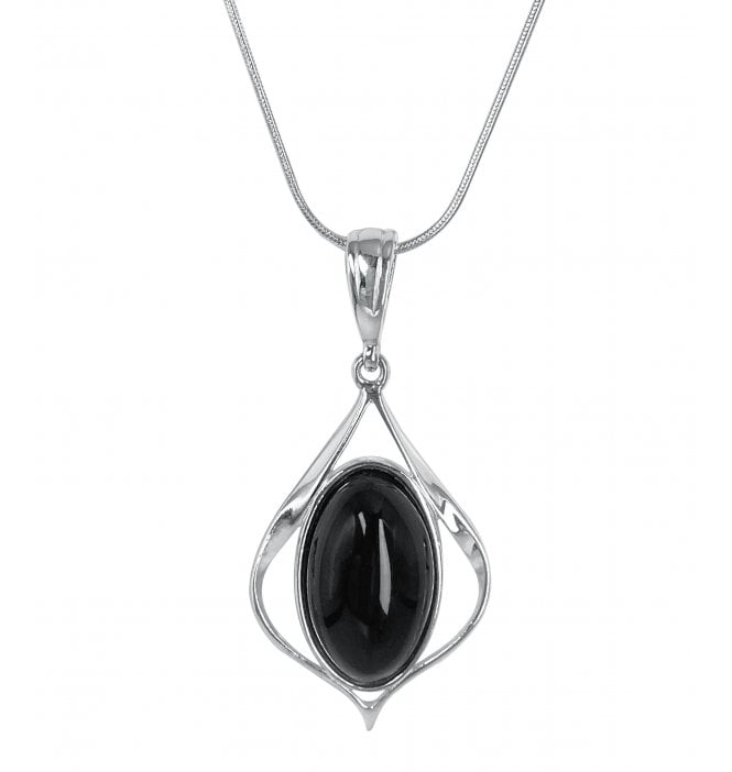 Sterling Silver Whitby Jet Oval Pointed Frame Pendant (SKU JET-043)