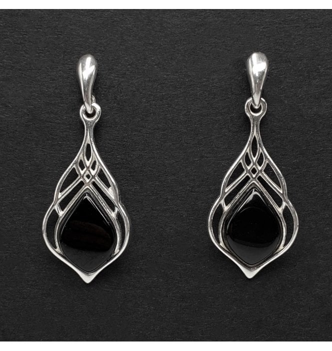 Sterling Silver Whitby Jet Pear Drop Twist Frame Earrings (SKU JET-059)