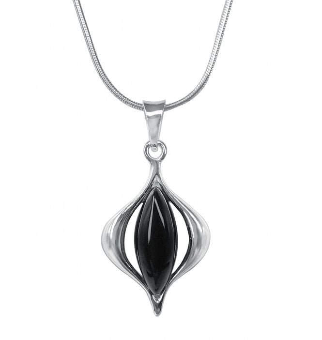 Sterling Silver Whitby Jet Pointed Marquise Frame Pendant (SKU JET-047)