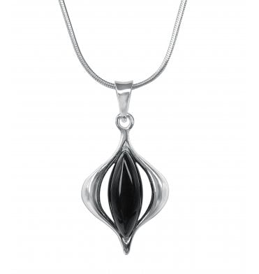 Sterling Silver Whitby Jet Pointed Marquise Frame Pendant (SKU JET-047)