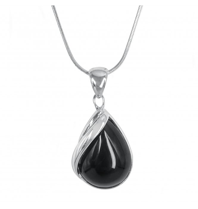 Sterling Silver Whitby Jet Twisted Frame Pear Drop Pendant (SKU JET-042)