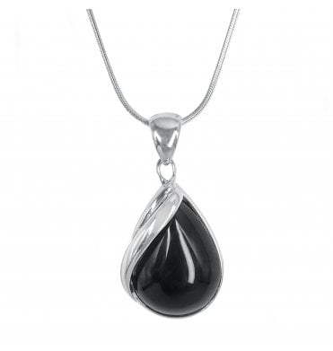Sterling Silver Whitby Jet Twisted Frame Pear Drop Pendant (SKU JET-042)