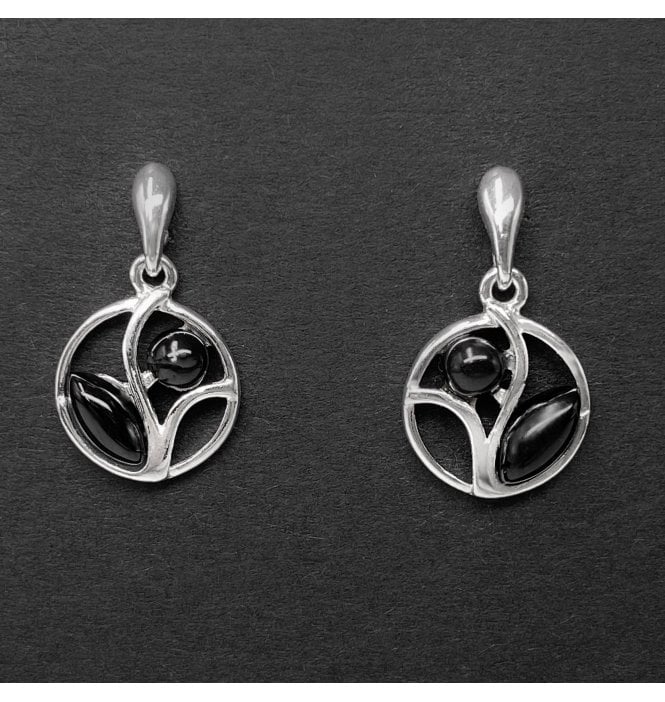 Sterling Silver Whitby Jet Two Stone Round Drop Earrings (SKU JET-055)